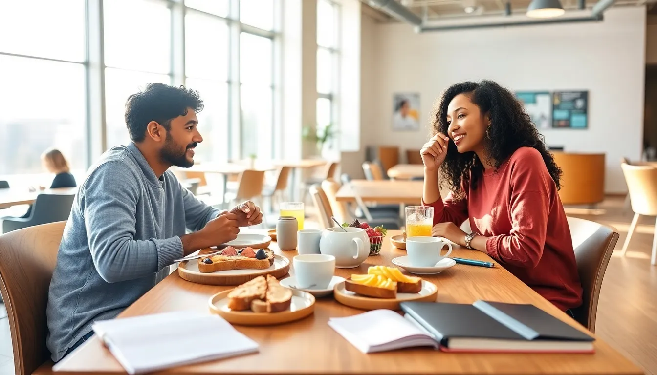 diverse college students enjoying breakfast in a modern dining area.
