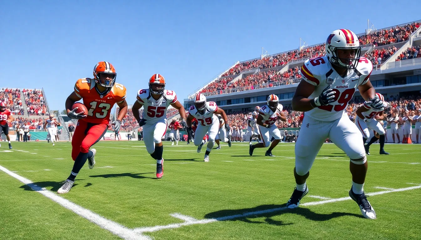 diverse college running backs in action on a football field.