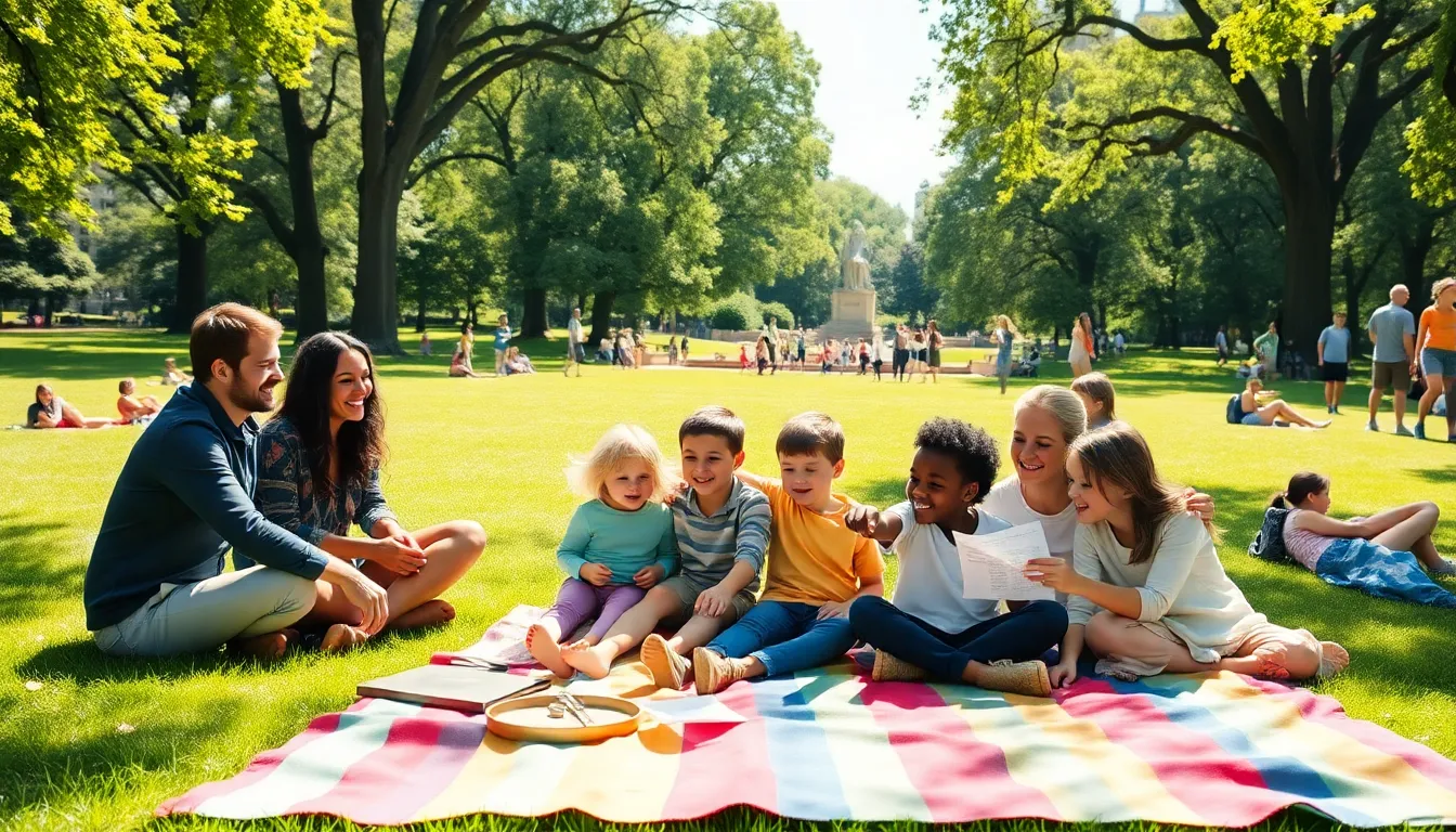 family enjoying a picnic and scavenger hunt in Central Park.