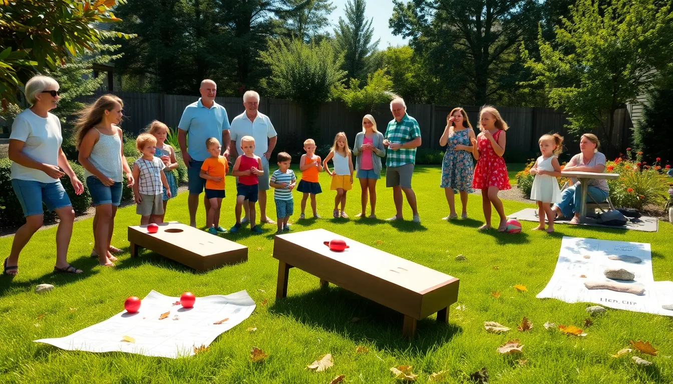 family enjoying lawn games and a scavenger hunt in a sunny backyard.