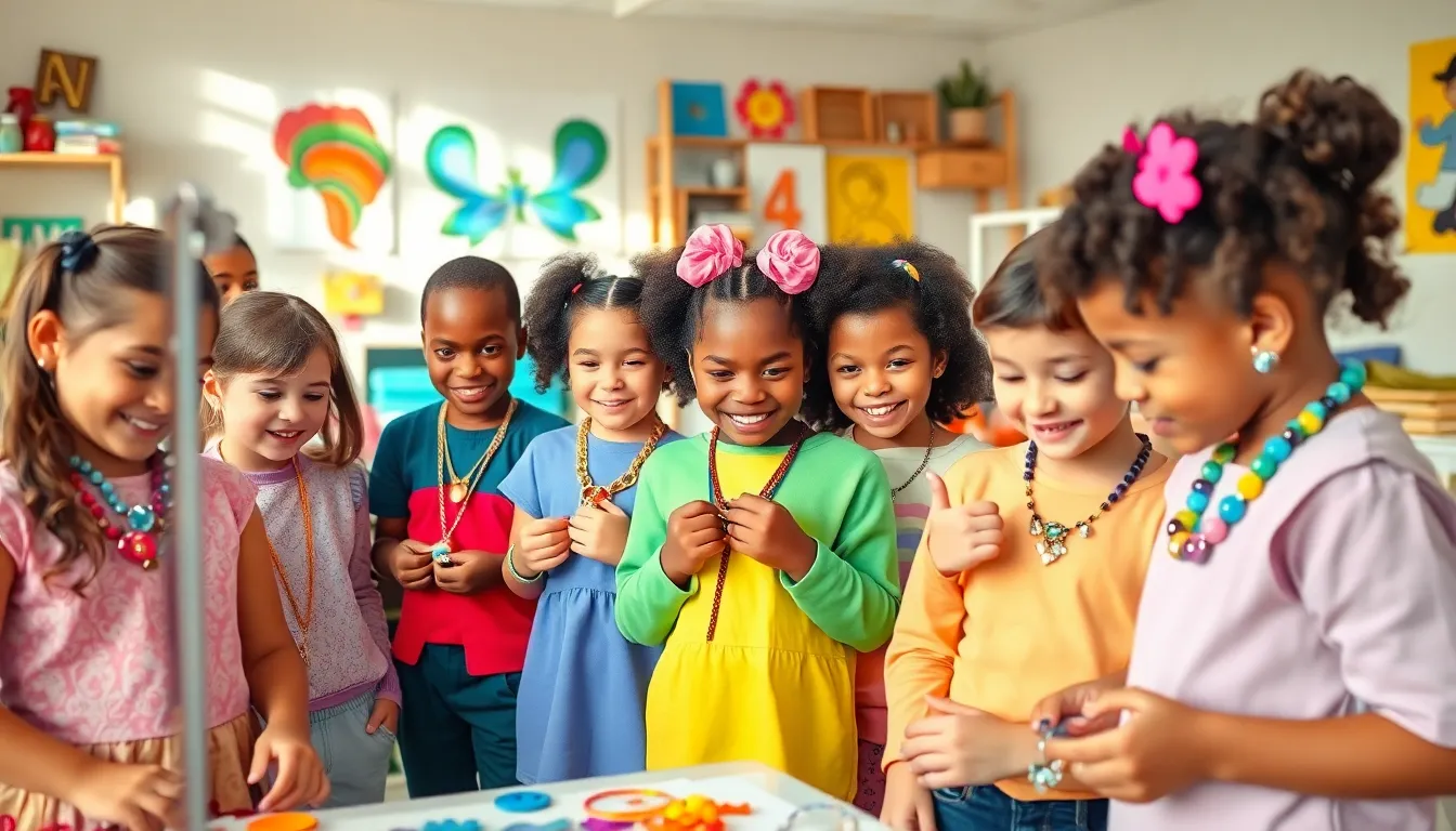 children creating and wearing colorful fashion jewelry in a bright workshop.